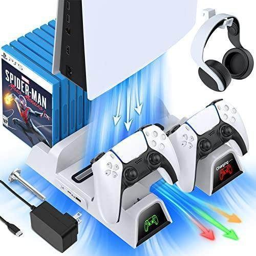 OIVO PS5 Stand Suction Cooling Station with AC Adapter，PS5 Controller Charging Station for Playstation 5 Console, PS5 Cooling Fan Stand, PS5 Controller Charger Accessories, 12 Slots, Headset Holder