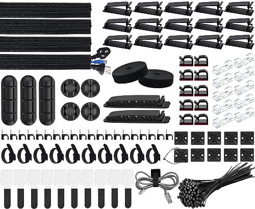 SOULWIT 200 Pcs Cable Management Kit,4 Cable Sleeves,37 Cable Clips,7 Cable Holders,10 Zip Tie Mounts,20 Cable Clip Nails,100 Cable Fastening Ties,20+2 Roll Cable Straps for TV PC Computer Under Desk