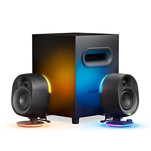 SteelSeries Arena 7 Illuminated 2.1 Desktop Gaming Speakers – 2-Way Speaker Design – Powerful Bass, Subwoofer – RGB Lighting – USB, Aux, Optical, Wired – Bluetooth – PC, PlayStation, Mobile, Mac,Black