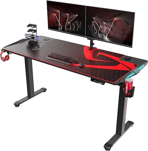 DESIGNA 65 inch Electric Height Adjustable Standing Desk, Sit Stand Large Gaming Computer Desk with RGB LED Lights, Full Coverage Gaming Desk Mat for Gaming & Home Office, Black