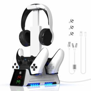 PS-5 Edge Controller Charger Station,Dual Fast Charging Dock for DualSense Wireless Controllers with LED Indicator,Headset Holder,Type-c Charger Cable,White